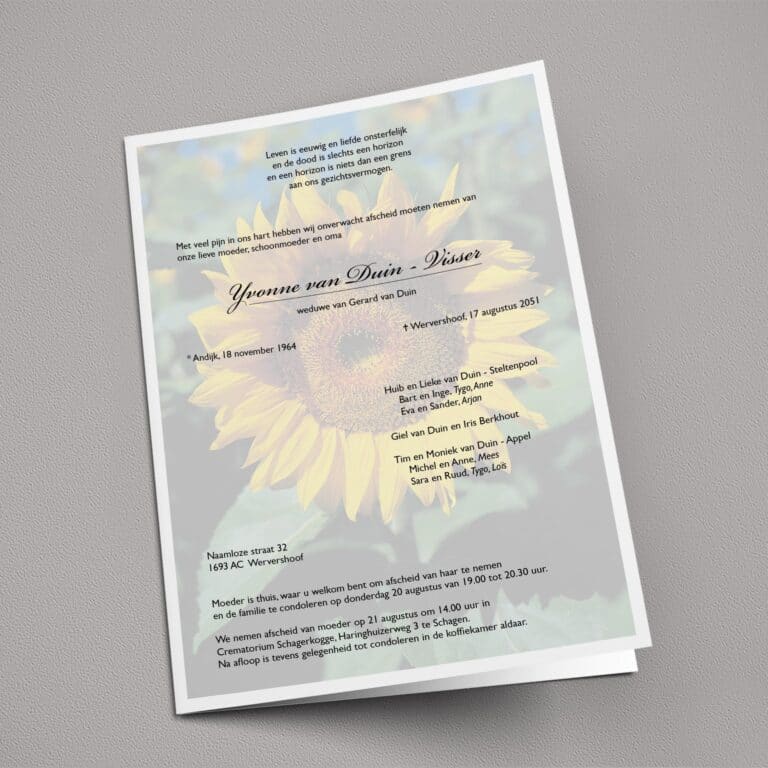 Rouwbrief Zonnebloem