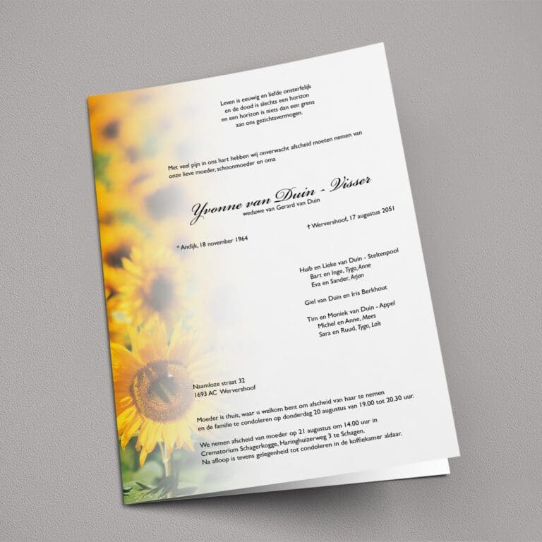 Rouwbrief Zonnebloemen