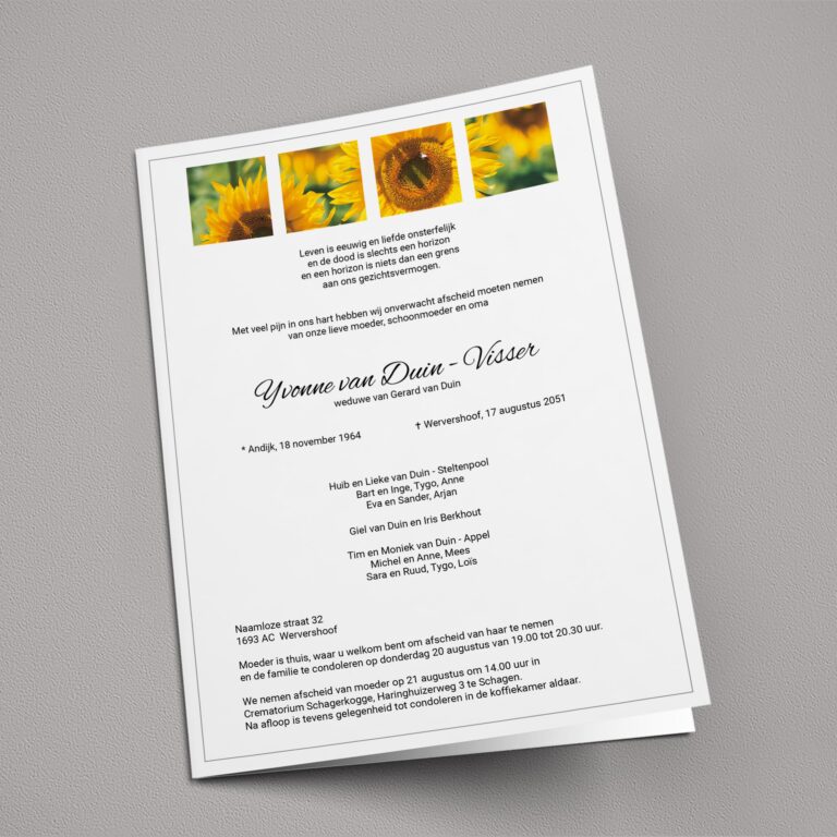 Rouwbrief Zonnebloemen